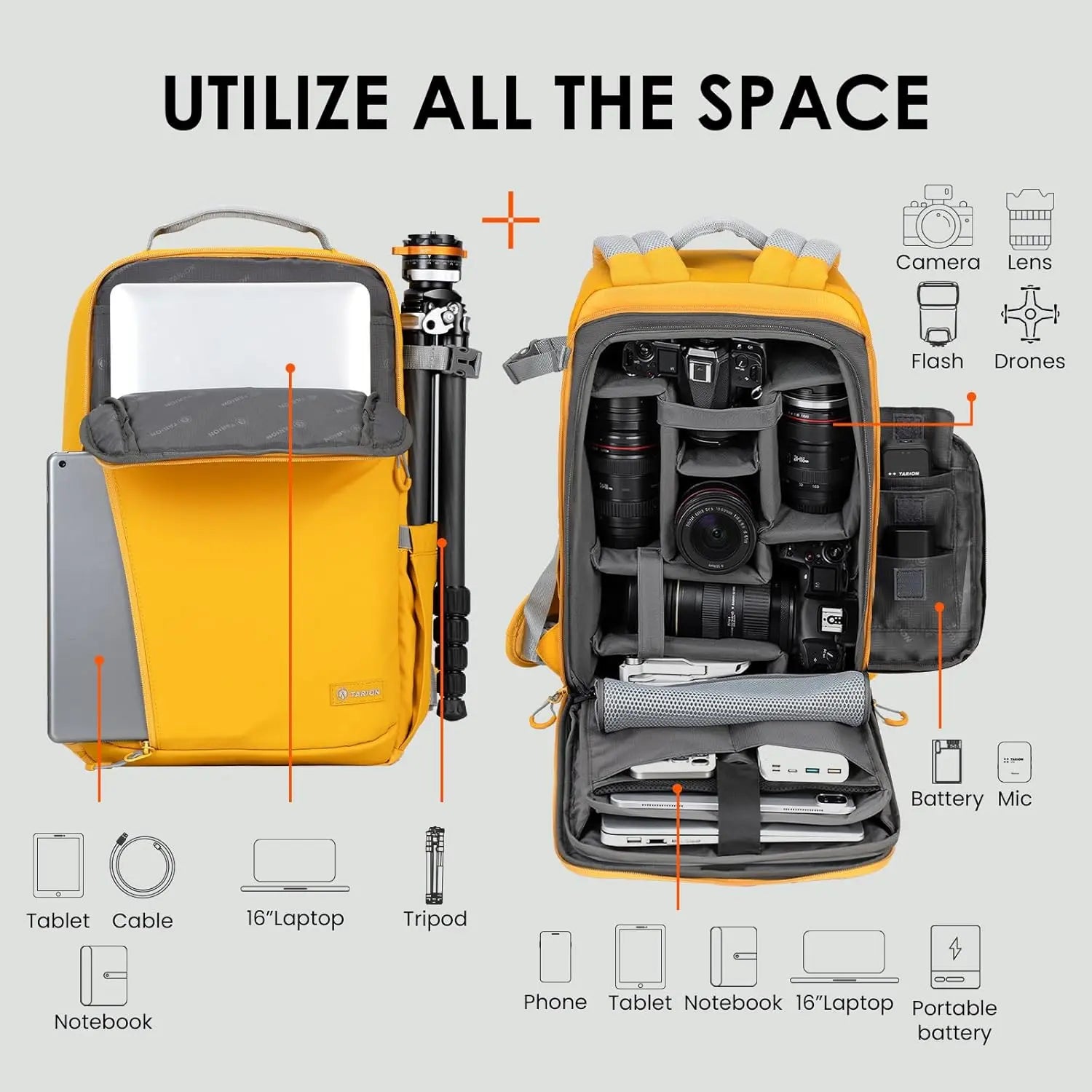 TR-XL Slim Camera Backpack Yellow TARION