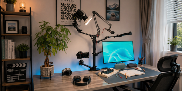 Professional overhead camera setup using a desktop boom arm and C-clamp.