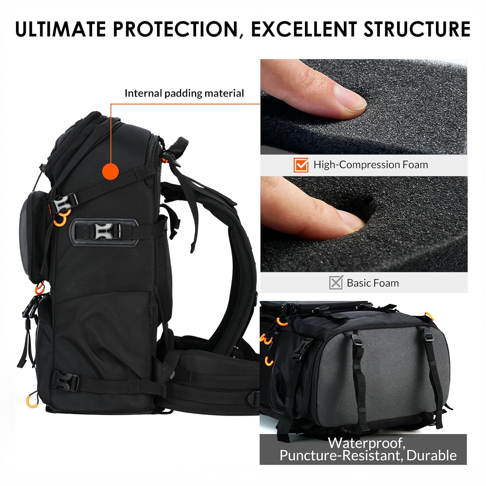 Black backpack with high-compression foam internal padding material