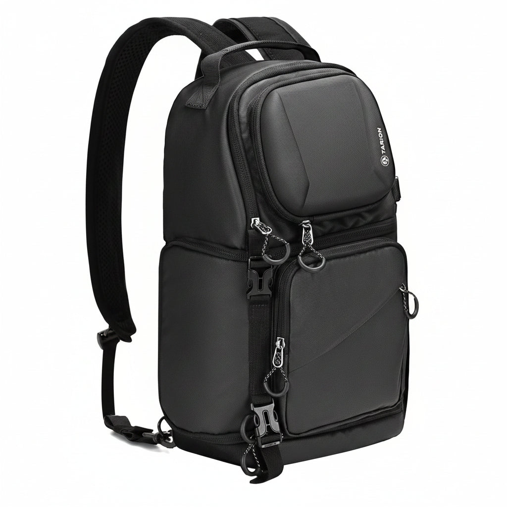 Black backpack with multiple compartments and a camera case