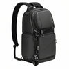 Black backpack with multiple compartments and a camera case