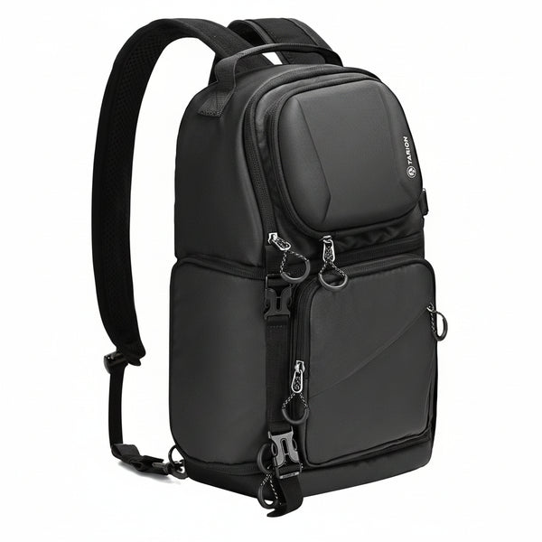 Black backpack with multiple compartments and a camera case