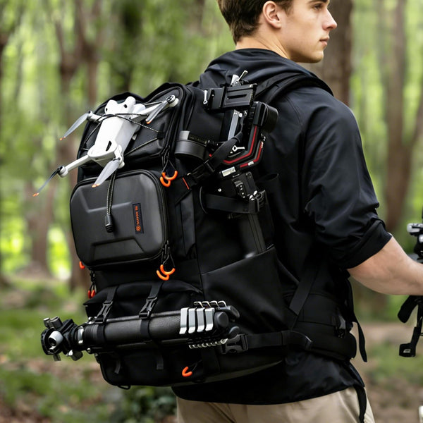 Person wearing a heavily loaded backpack with various equipment in a forest setting